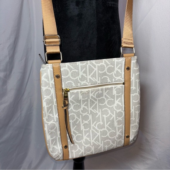 Calvin Klein Monogram CK Signature Beige and Tan Bandolera Crossbody Bag - Picture 1 of 8